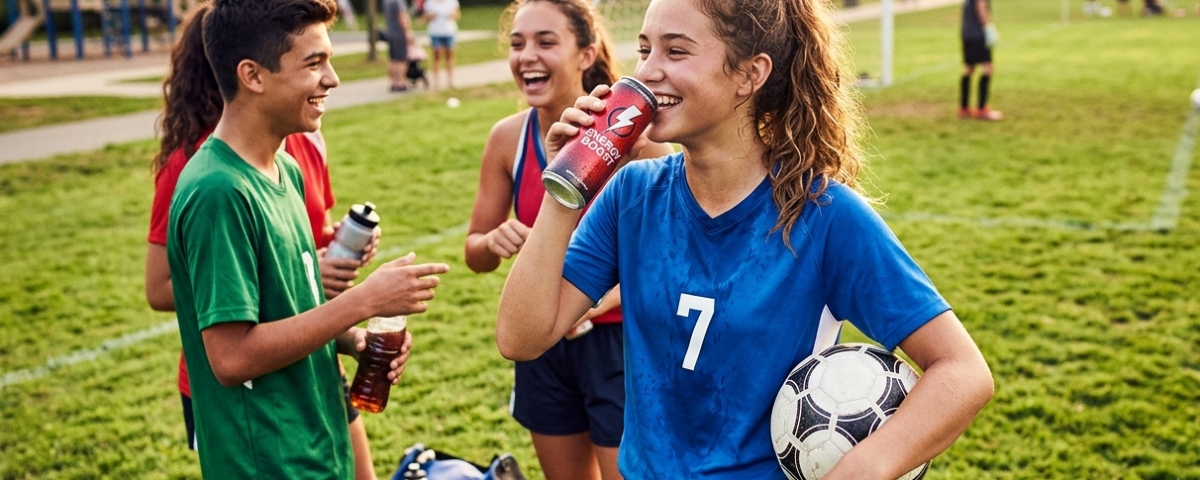 A group of diverse teenagers in soccer uniforms celebrating and laughing on a sunlit green soccer field at a public park. In the foreground, a teenage girl holding a soccer ball under her arm takes a drink from a red energy drink can, with a subtle Coca-Cola logo displayed at the bottom of the frame. In the background, her friends converse, and a soccer goal and playground are visible.