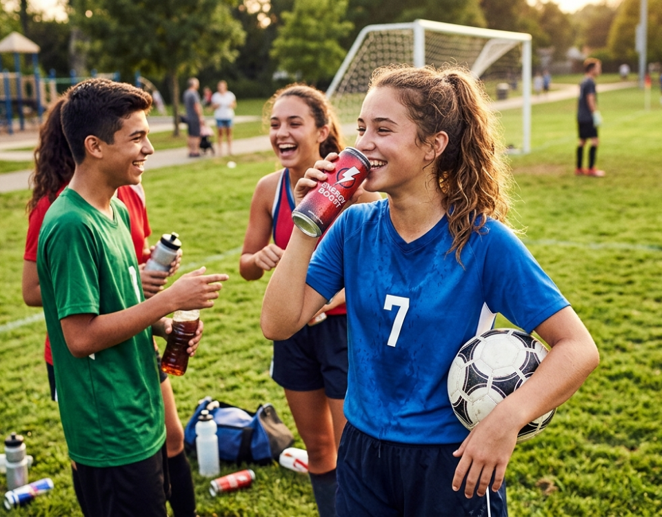 A group of diverse teenagers in soccer uniforms celebrating and laughing on a sunlit green soccer field at a public park. In the foreground, a teenage girl holding a soccer ball under her arm takes a drink from a red energy drink can, with a subtle Coca-Cola logo displayed at the bottom of the frame. In the background, her friends converse, and a soccer goal and playground are visible.